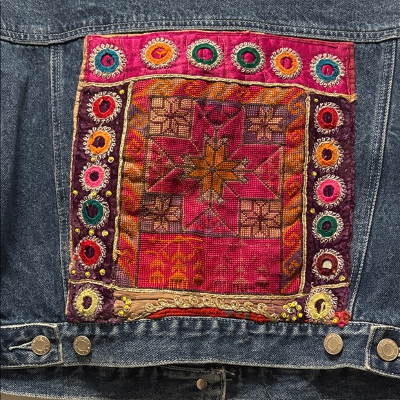 Upcycled Denim Embellished Handmade Jacket with Purple Accent Collar size M. - Picture 13 of 14